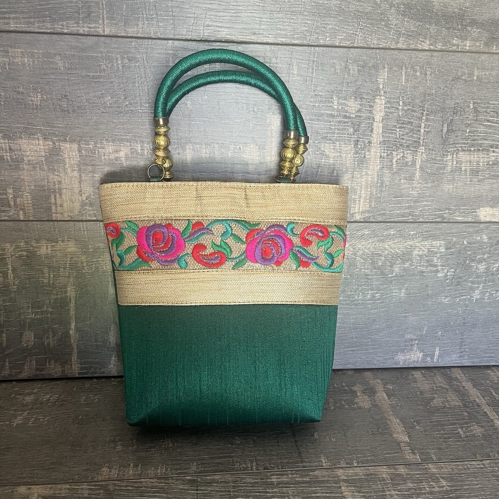 Boho Embroidered Tote Bag Emerald Green Floral Boutique Statement Purse